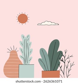 A simple illustration of indoor plants in pots, with a sun and cloud in the background, set against a light pink backdrop.
