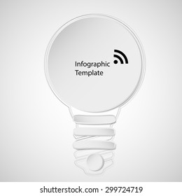 Simple illustration infographic with motif of bulb which is created by several outlines filled by 3D rounded items and with space for own text and symbols on light background.