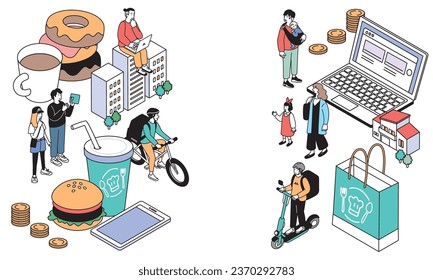 A simple illustration of an isometric composition imagining food delivery