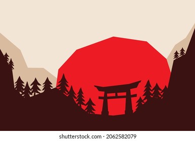 A simple illustration of Japanese gate Torii at the hill between some trees and red sun behind