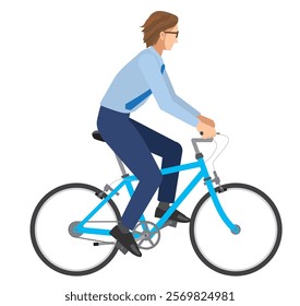 A simple illustration of a Japanese male businessman riding a bicycle Commuting scene White background.