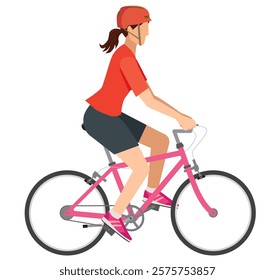 A simple illustration of a Japanese woman wearing a helmet and sportswear riding a bicycle, on a white background.