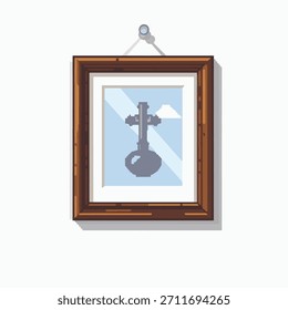 A simple illustration of a key depicted within a picture frame, hanging on a white wall, showcasing a minimalist art style.