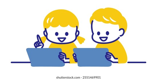 simple illustration of kids using tablet device