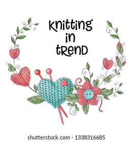 Simple illustration with knitting needle, knitting and english text. I love knitting, poster design. Colorful background.