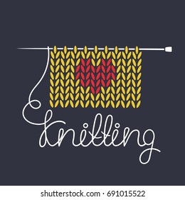 Simple illustration with knitting needle, knitting and english text. I love knitting, poster design. Colorful background, sewing tools. Decorative backdrop vector