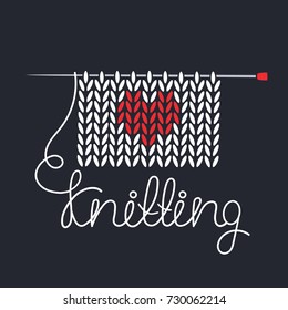 Simple illustration with knitting needle, knitting and english text. I love knitting, poster design. Colorful background, sewing tools. Decorative backdrop vector