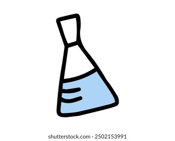 Simple illustration of laboratory flask with blue liquid, drawn in minimalistic style. Concept of science, chemistry, laboratory experiments, education. Print, Icon, Design Element. Back to School.