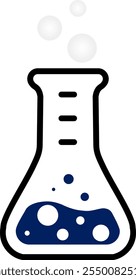 A simple illustration of a laboratory flask filled with a blue liquid, emitting bubbles, symbolizing science, chemistry, and experimentation.