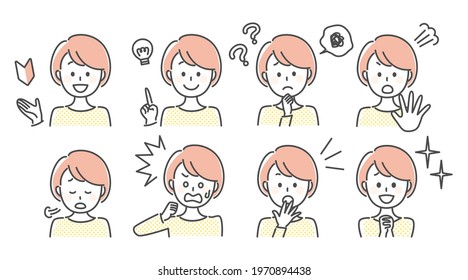 simple illustration of lady with many facial expressions