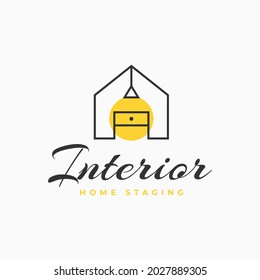 Simple Illustration Of Lamp And Table House Interior, For Home Staging Logo Design. Minimalist Furniture Decorations Room Logo Design 