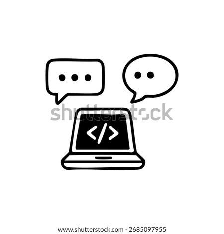 Simple illustration of a laptop with speech bubbles, suggesting communication in coding