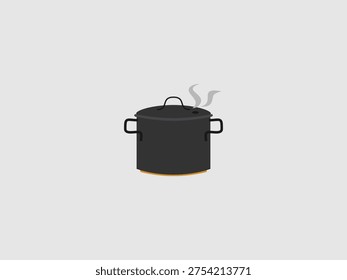 A simple illustration of a large black cooking pot with a closed lid and steam escaping from a vent hole on top