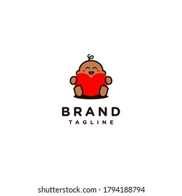 Simple Illustration of a Laughing Baby Brown Hugging a Red Heart Shaped Pillow