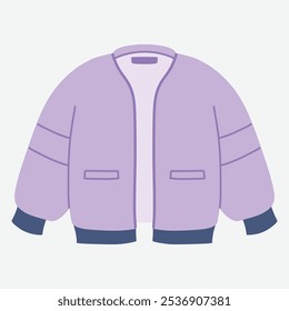 Una ilustración simple de una chaqueta bomber de lavanda con puños y bolsillos contrastantes.