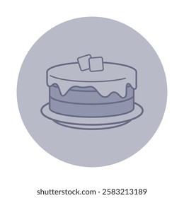 Simple illustration of layered cake decorated with frosting and two small toppings. Cake on round plate, perfect for dessert