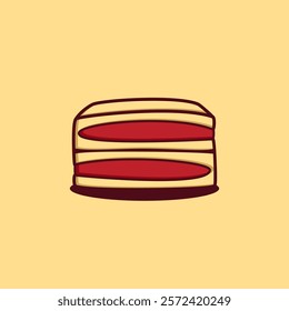 A simple illustration of a layered cake with two red filling layers on a yellow background