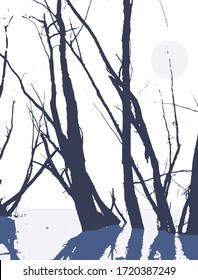 Simple Illustration with Leafless Winter Trees Casting a Long Shadow. Dark Blue Bare Dry Branches Isolated on a White Background. Hazy Sun Behind Trees.