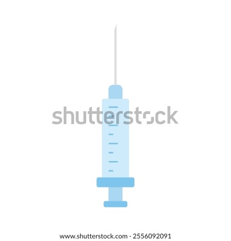 Simple illustration of a light blue medical syringe, including a needle, barrel with measurement markings, plunger, and flange. Represents medical tool for administering injections or drawing fluids.