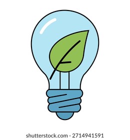 A simple illustration of a light bulb with a green leaf inside, symbolizing environmental sustainability and renewable energy.