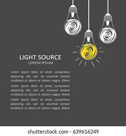 Simple illustration with light bulbs and english text, poster design. Set of bulbs, background vector. Idea, creative concept and. Decorative backdrop