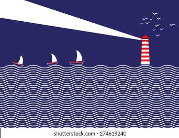 Simple illustration of lighthouse and ships. A lighthouse illuminates the sky at night. At sea, the ships sail guided by the lighthouse. Illustration of a beacon in the middle of the ocean. 