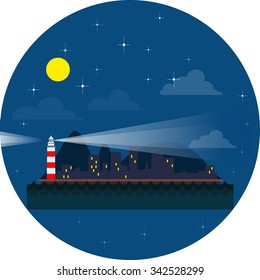 A simple illustration of the lighthouse and the town. Lighthouse lights up the sky at night. At sea, the waves. Illustration of a lighthouse on the edge of town