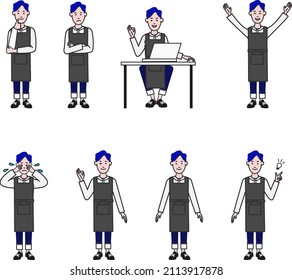 A simple illustration of a line drawing on a white background with facial expression variations such as OK, hurray, sitting in front of a computer, etc.
