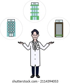 A simple illustration of a line drawing on a white background where a middle-aged doctor in a white coat spreads his arms and compares the company