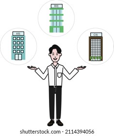 A simple illustration of a line drawing on a white background where a young handsome Asian man wearing a white shirt spreads his arms and compares companies