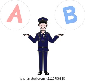 Una simple ilustración de una línea dibujando sobre un fondo blanco en la que un hombre uniformado tipo guardia de mediana edad extiende sus brazos y compara A y B