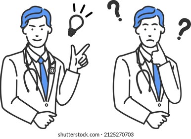 A simple illustration of a line drawing on a white background with facial expression variations such as Marubatsu and Okay, a doctor who wears a stethoscope in a white coat and a tie.
