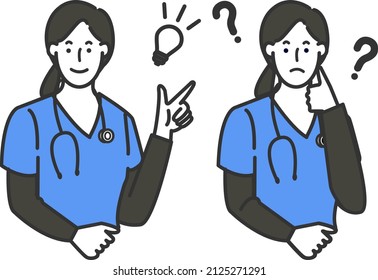 A simple illustration of a line drawing on a white background of facial expression variations such as Marubatsu and Okay of a female doctor who used a stethoscope in a surgical technique