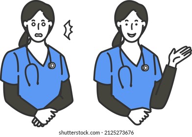 A simple illustration of a line drawing on a white background of facial expression variations such as Marubatsu and Okay of a female doctor who used a stethoscope in a surgical technique