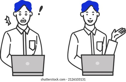 A simple illustration of a line drawing on a white background of facial expression variations of an engineer-like man sitting in front of a computer in an office casual wearing a shirt