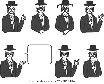A simple illustration of a line drawing on a white background with facial expression variations of an orthodox Jewish young man wearing glasses