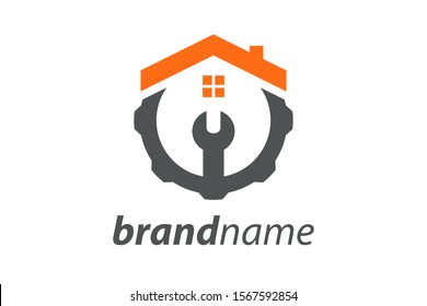 Simple illustration logo design construction, logo create combining tool, gear and home.