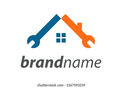 Simple illustration logo design construction, logo create combining tool and house.