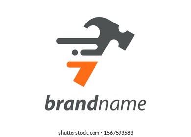 Simple illustration logo design construction, logo create combining hammer and motion.