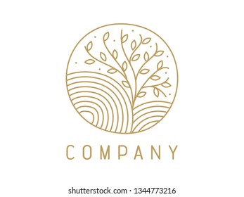 Simple illustration logo design monoline tree gold color version.