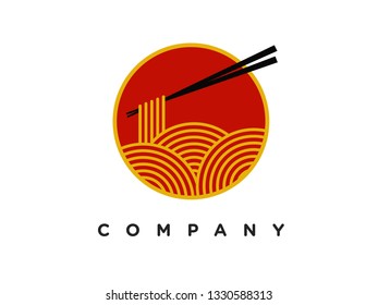 simple illustration logo design noodle in circle with maroon color.