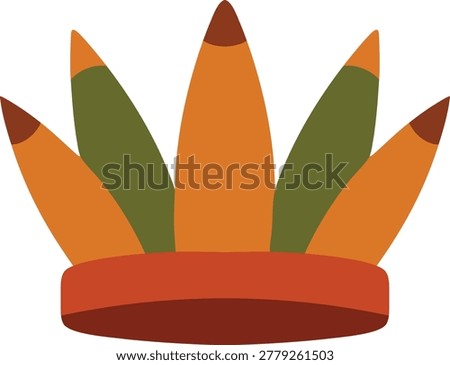 Simple illustration of a low crown with tall feather plumes in orange green and brown arranged around a red band.
