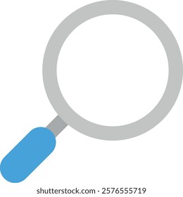 Simple illustration of a magnifying glass with a grey circular frame and blue handle. Represents searching, examining, or investigating something closely.