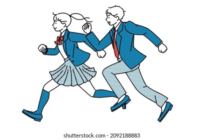It is a simple illustration of a male and female high school student or junior high school student running in uniform.Vector data that is easy to edit.