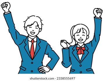 A simple illustration of male and female students raising their fists with a smile