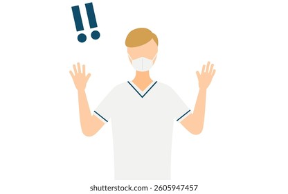 Simple illustration of a male nurse with brown hair raising his hand in surprise, Vector Illustration