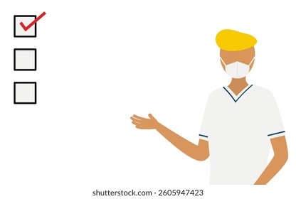 Simple illustration of a male nurse using a checklist for attention, Vector Illustration
