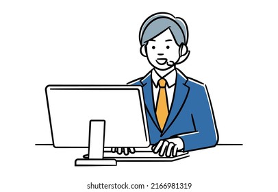 It is a simple illustration of a male operator who guides you to a computer.Vector data that is easy to edit.