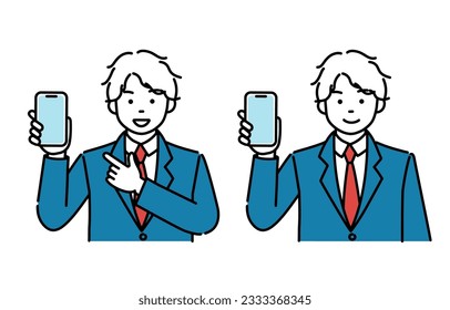 A simple illustration of a male student showing his smartphone 2 pose set