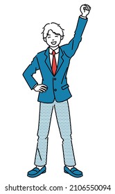 It is a simple illustration of a male student who is pleased to push his fist up.Vector data that is easy to edit.